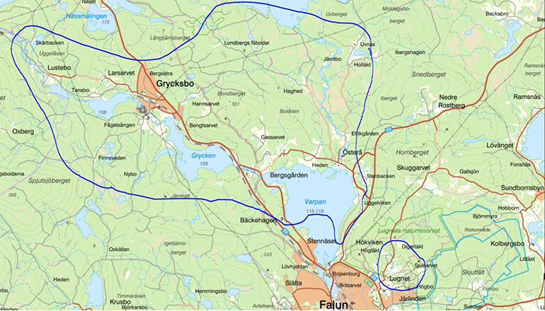 Karta över Grycksbo och inringat vilka områden vi byter elmätare i nu. 