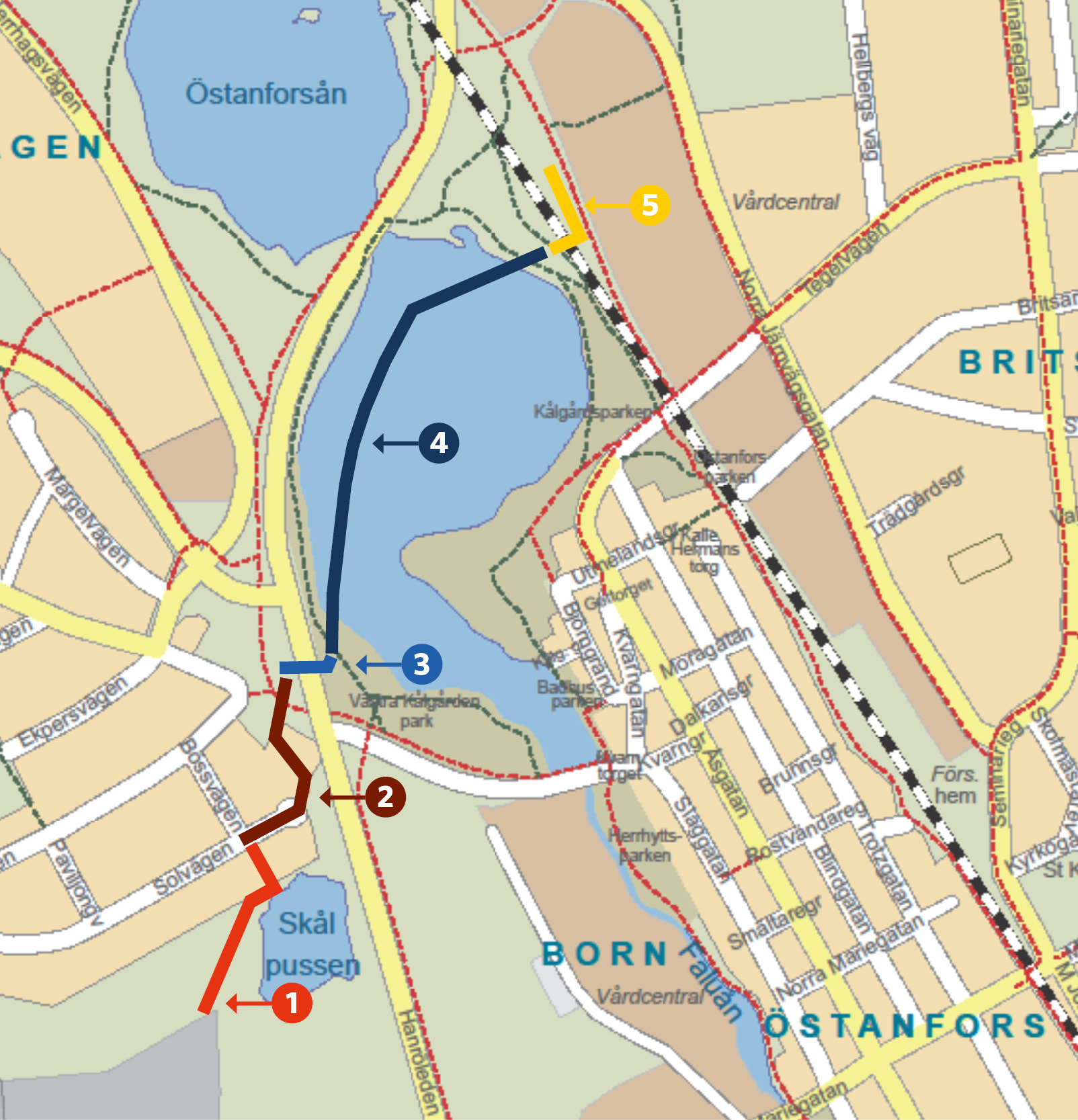 Bilden visar en karta över området kring E16 och Britsarvet i Falun. Kartan innehåller fem färgade sträckor. Röd sträcka löper intill Skålpussen. Brun sträcka löper från Solvägen längs med E16. Blå sträcka går under E16. Mörkblå sträcka löper från Västra Kålgårdsparken över dammen och mot vattenverket. Gul sträcka går under järnväg och längs med järnvägen en kortare sträcka mot Bojsenberg-hållet. 