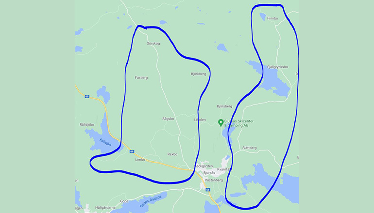 Karta över Bjursås och inringat vilka områden vi byter elmätare i nu. 