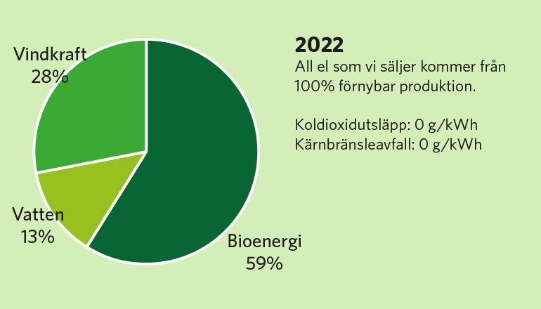 Diagram över förnybara källor, 13% Vatten, 59% bioenergi, 28% vindkraft
