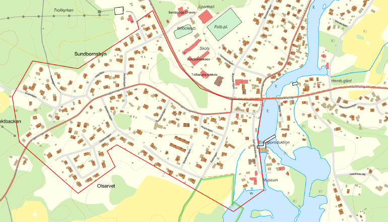 Karta över Sundborn som visar vilka som kan ansluta sig till stadsnät