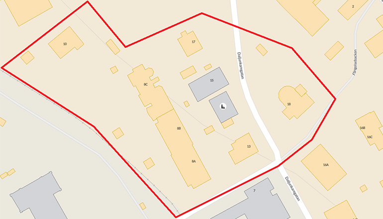 Karta över området på Daljunkaregatan 